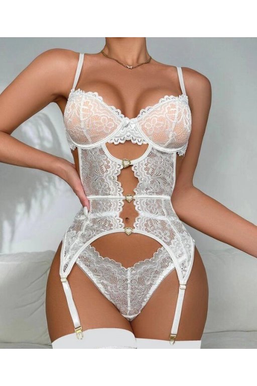 For Dreams 8465 Dantelli Kalp Aksesuar Detaylı Jartiyerli Büstiyer Çorap Takım
