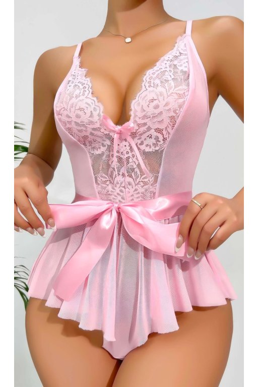 Kadın  Kontrast Dantel Kemerli Teddy Body Gecelik 2118