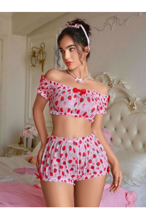 Kadın Pembe Çilek Desenli Sexy Kostüm 8014