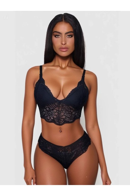 Kadın Siyah Dantel İşlemeli Bralet Slip Takımı Premium İç Giyim