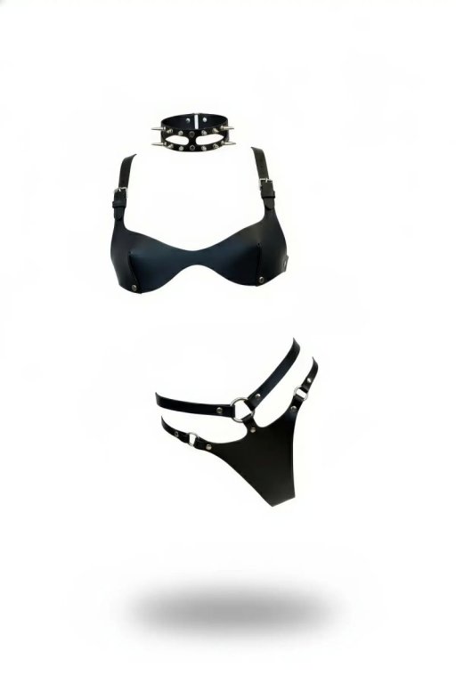 Siyah Harness Takım Deri Zımbalı Halkalı Bralet Seti - Brf1298