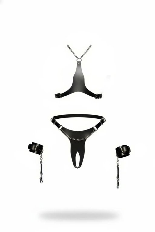 Siyah Harness Takım Deri Zincir Detaylı 4 Parçalı - Brf1232