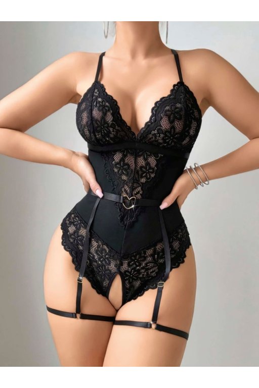 Siyah Özel Bölgesi Açık Dantel İşlemeli Jartiyer Görünümlü Fantezi Body