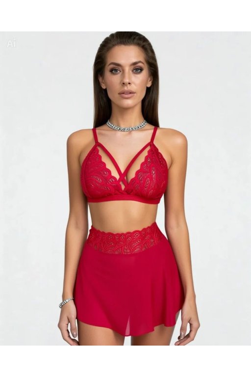 Kadın Kırmızı Zarif Dantel Dokulu Etekli Premium Takım