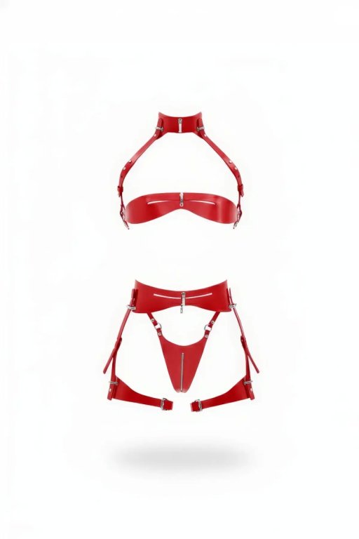 Kırmızı Jartiyer Harness Parlak Deri Fermuarlı Takım - Brf1373