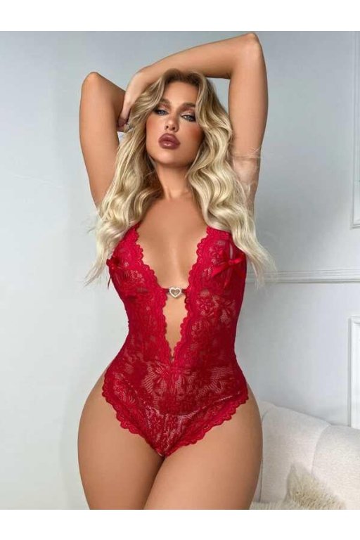 Metal Kalp Aksesuarlı Fantezi Dantelli Kırmızı Body